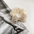 Elegant beige bow scrunchie with translucent resin detail on a premium cream chiffon band - 8cm / Stripe Grey