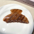 Amber tortoiseshell hair claw clip with crystal flower patterns on white ceramic plate - Striped Brown Semicircle Style