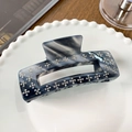 Pinza per capelli in acetato marmorizzato grigio-blu con fiori di strass bianchi - Rettangolo (10CM)