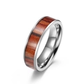Polished silver titanium steel ring with brown wood inlay for men and women - Size 6 / 6mm