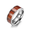 Polished stainless steel ring featuring a natural reddish brown wood inlay - Size 6 / 8mm