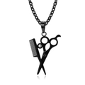 Collar con colgante de peine y tijeras de barbero en negro pulido con detalle de cristal - Collar de Color Negro (Con Cadena de 60+5cm)