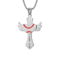 Collier croix ailes de coeur de baseball argenté avec gravure Luc 1:37 sur chaîne - Style 1 (Baseball) / Pendentif uniquement / Acier