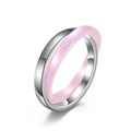 Minimalist double ring band featuring silver metal and translucent pink ceramic design - Size 6 / Steel + Pink