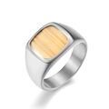 Men's signet ring in brushed stainless steel with a square yellow wood inlay - Size 7 / Steel