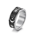 Bague bohème en acier inoxydable avec motifs soleil, lune et étoiles gravés de style vintage - Taille 6 / Acier Argent Vintage