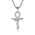Silberne Ankh-Halskette mit Schlangen-Design und eingelegten Zirkonia-Steinen im Kreuz - Stahlfarbe