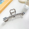 Silver cupid arrow hair claw clip with heart-shaped handle and liquid metal finish - Arrow Through Heart Bright Silver