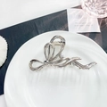 Silver liquid metal bow hair claw clip with white pearl detail for women hairstyles - Pearl Bow Silver