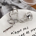 Silver liquid metal shark clip with 3D rose and heart design for women's hair - Silver Rose