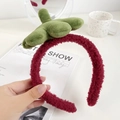 Cute dark red plush headband with green leaf detail for skincare and makeup - Strawberry Headband