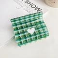 Elegante pinza per capelli a scacchi verdi con dettaglio a cuore bianco da donna - Verde Scuro 7.8CM