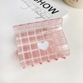 Pink checkered hair claw clip with a white heart detail for elegant hair styling - Pink 7.8CM