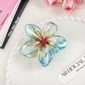 Iridescent aurora plumeria hair claw clip with colorful resin flower petals - Cyan Blue