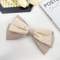 Elegant mocha brown bow hair clip with layered satin and translucent plaid fabric - 20cm / Milk Coffee