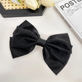 Elegant black satin hair clip with double-layered plaid bow and spring fastener for women - 20cm / Black