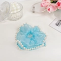 Eleganter hellblauer Organza-Haargummi mit weißen Perlenrändern für stilvolles Haar - Himmelblau