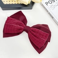 Elegant wine red double-layered satin bow hair clip with textured grid pattern - 20cm / Burgundy