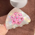 Pince à cheveux oreilles de chat blanc irisé avec flocon rose et strass colorés - 5cm / rose vif