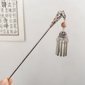 Silver metal hair stick with carved hollow flower, red bead and hanging tassels - Red Sand Tassel / 15CM