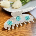 Grande pince à cheveux blanc nacré élégante avec fleurs cyan et strass multicolores - Grand / Cyan