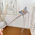 Silver metal hair stick with blue enamel butterfly and long tassel pearls for Hanfu style - Colorful Butterfly / 18cm