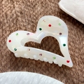 Iridescent white heart hair claw clip with colorful rhinestones in acetic acid material - Hollow Heart Style / 8cm