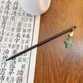 Classic wooden hair pin with white bead and green jade-style leaf pendant charm - Green Jade Wood Hair Stick (B192)