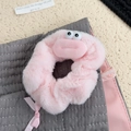 Pink plush monster hair scrunchie with large cute eyes and soft furry texture - Thick Lips Pink