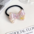 Pink and beige marble pattern acetate bow hair tie with black high elastic band - Iridescent Yellow-Pink