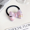 Pink marble acetate bow hair tie with black high-elastic band and gold lettering - Iridescent Pink Purple