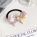 Pink and cream marble acetate bow hair tie with durable black elastic rubber band - Colorful Pink Yellow