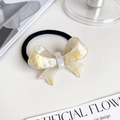 Cream acetate bow hair tie with pearlescent texture and black elastic band - Colorful Bright Yellow