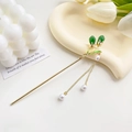 Golden dragon hairpin with green tulip charms and elegant pearl tassels style - Jasper Magnolia Style