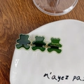Deep green resin triple bear hair clip with gold metal base and French text design - Bear-Dark Green