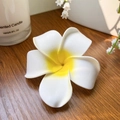 Realistische weiße und gelbe Plumeria Haarklammer auf einer rustikalen Holzfläche - Große Blume (8.5CM)
