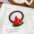 Elastic brown hair tie featuring a creative acrylic watermelon charm with red rhinestones - Watermelon