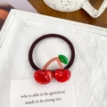 Red acetate cherry hair tie with rhinestones and a brown high-elasticity band - Cherry