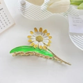 Goldene Gänseblümchen Haarklammer mit weißen Blüten, gelben Steinen und grünen Blättern - 11.5CM / Gelbes Gänseblümchen