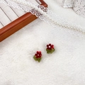 Flocked red tulip earrings with white pearl center and green leaves on soft white plush - Pearl Flower 2.2cm