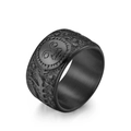 Anillo de acero inoxidable negro mate con tótem de sol vintage y relieve de enredaderas - Talla 7 / Negro