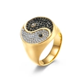 Golden Tai Chi Yin Yang ring for men with micro-set black and white rhinestones - Gold / Size 8
