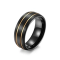 Matte black tungsten ring with double gold grooved stripes and polished interior - 8# / Black and Rose Gold
