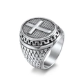 Men's vintage silver stainless steel signet ring with cross and textured side detailing - Size 8 / Steel