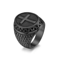 Men's matte black stainless steel signet ring featuring a cross with textured grid - Size 8 / Black