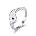 Silver stainless steel yin yang ring with white enamel inlay and black stone accent - 5# / White