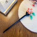 Elegant wooden hair stick with coral flower and green leaf pendants for Hanfu style - Winter Jasmine