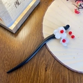Elegant black wood hair stick with white flowers and red beads on a traditional fan - White Camellia