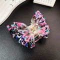 Ink style butterfly hair claw clip with colorful floral pattern and golden metal spring - Floral Purple / 9cm