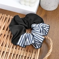 Chic scrunchie with black matte fabric and blue-white stripes for ponytails - Black Stripe Color-blocking
